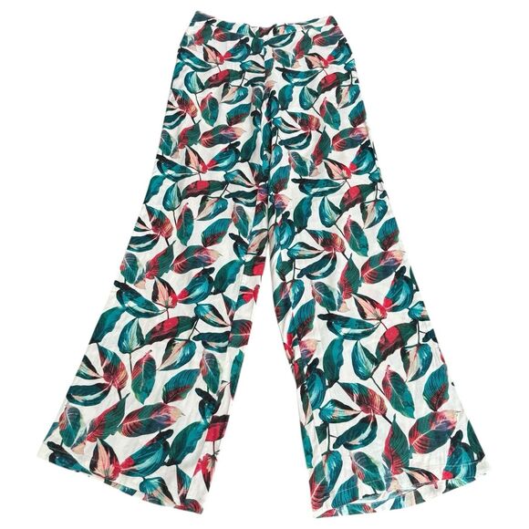 Onia Mila Tropical Leaf Print‎ White Pants Wide Leg Swim Beach Cover Up Size S - Picture 1 of 12